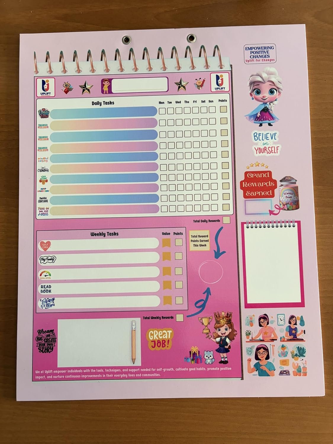 Kids Daily and Weekly Chores Chart, pink