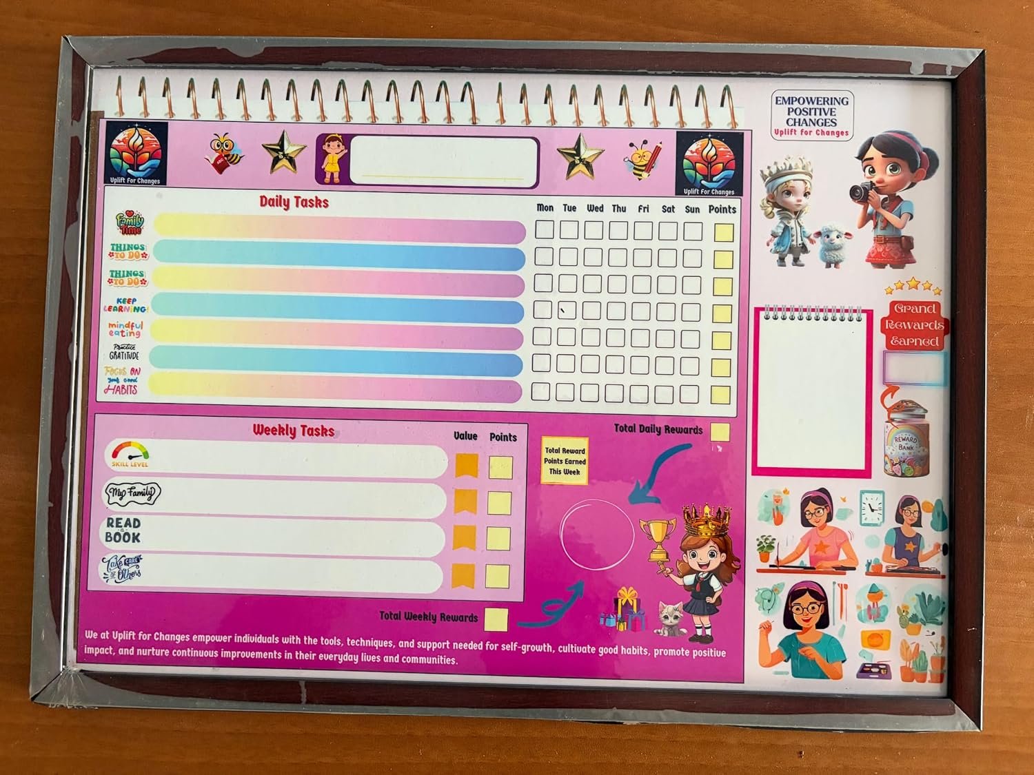Daily Habit and Chores Tracker wooden frame, pink